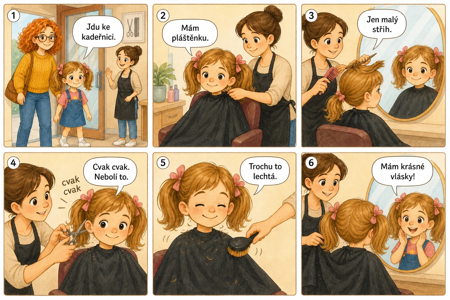 Sociální komiks o stříhání vlasů: Klárka přichází s maminkou, dostane pláštěnku, kadeřnice stříhá — cvak cvak, nebolí to, jen trochu lechtá — a Klárka se v zrcadle raduje z nového účesu.