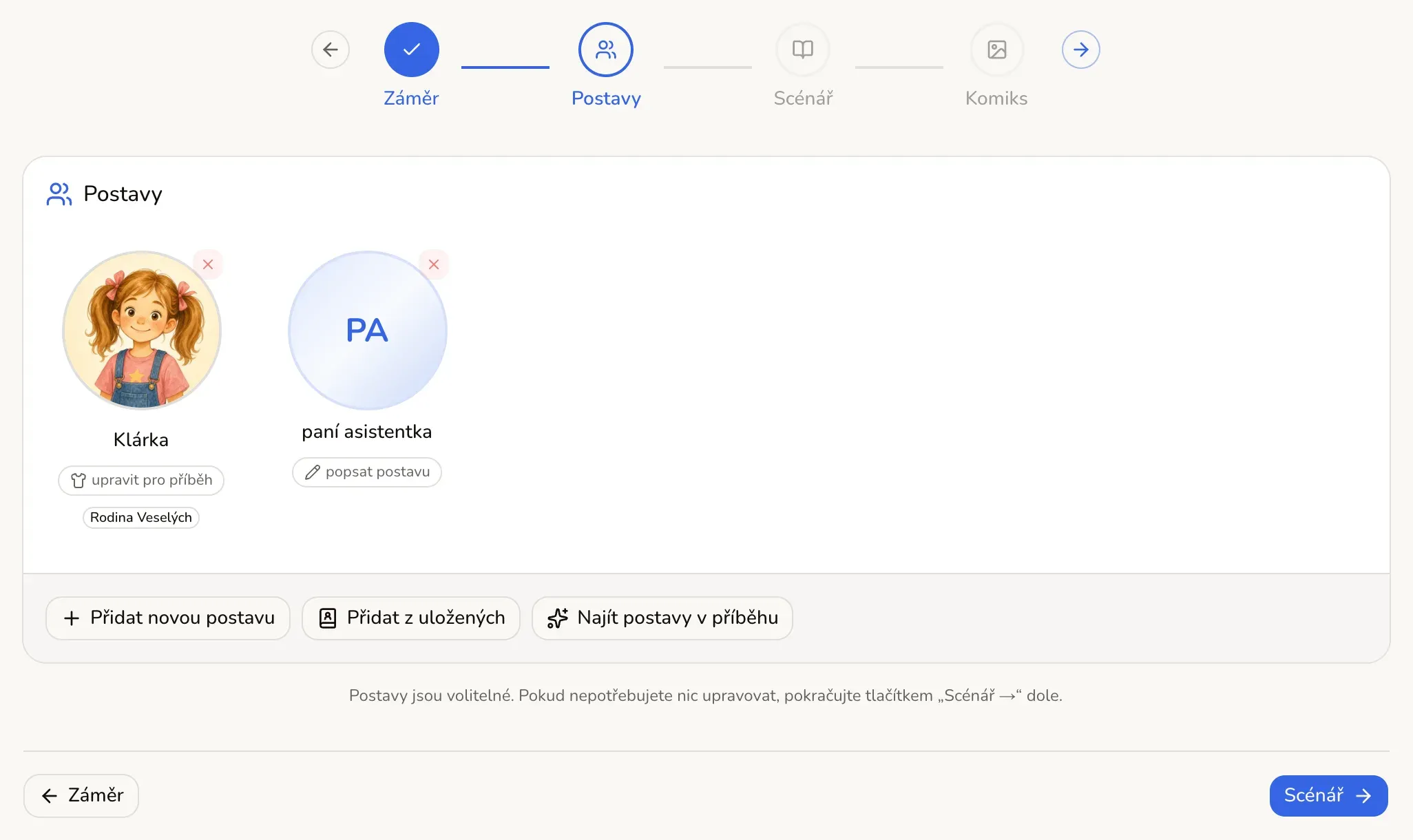 Krok Postavy s rozpoznanými postavami Klárka a paní asistentka, zvýrazněné tlačítko Scénář