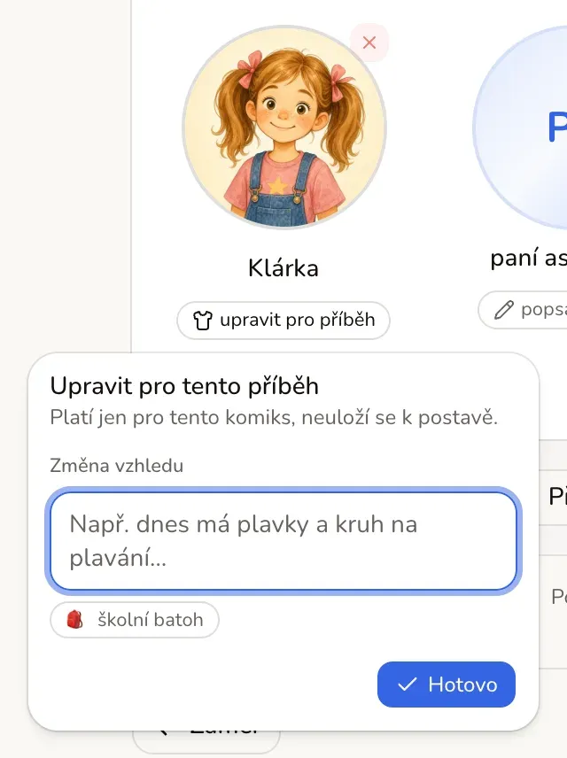 Okno Upravit pro tento příběh nad kartou Klárky: výběr tváře, pole Změna vzhledu a nabídka hotových návrhů