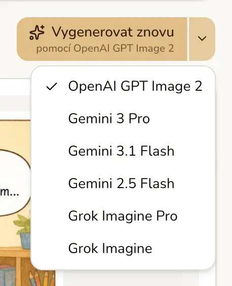 Rozbalená nabídka modelů kreslení vedle tlačítka Vygenerovat komiks
